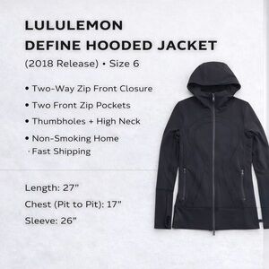 Lululemon Define Hooded Jacket Black - 6 Full Zip Thumbholes Slim Fit Athleisure
